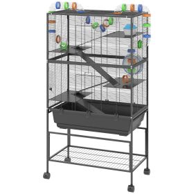 5 Tier Hamster Cage, Rolling Rat Cage With Deep Tray, Storage Shelf, Big Exercise Wheel, Hut, Tube System (Color: Black)